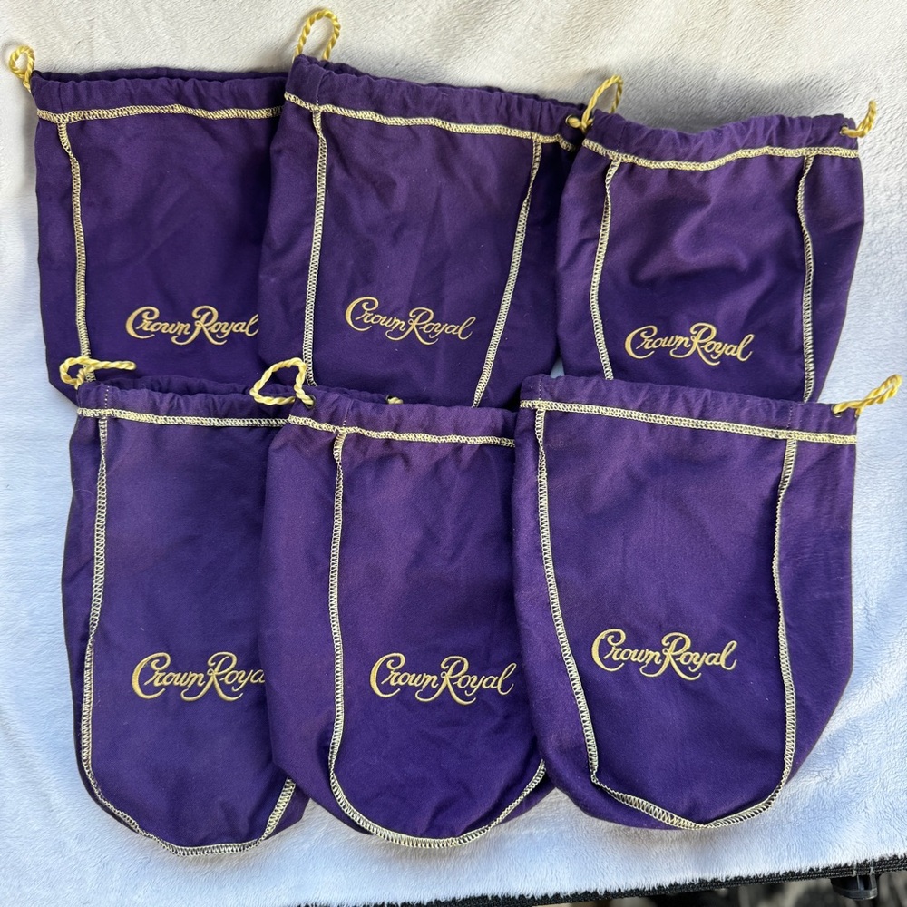 Lot of 6 Crown Royal 1.75L XL Extra Large Purple‎ & Gold Drawstring Bags 12 inch